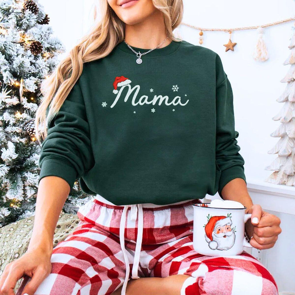 EMBROIDERED Mama Christmas Sweatshirt, Custom Embroidered Mom And Kids Sweater, Personalized Varsity Shirt, Custom Embroidered Shirt
