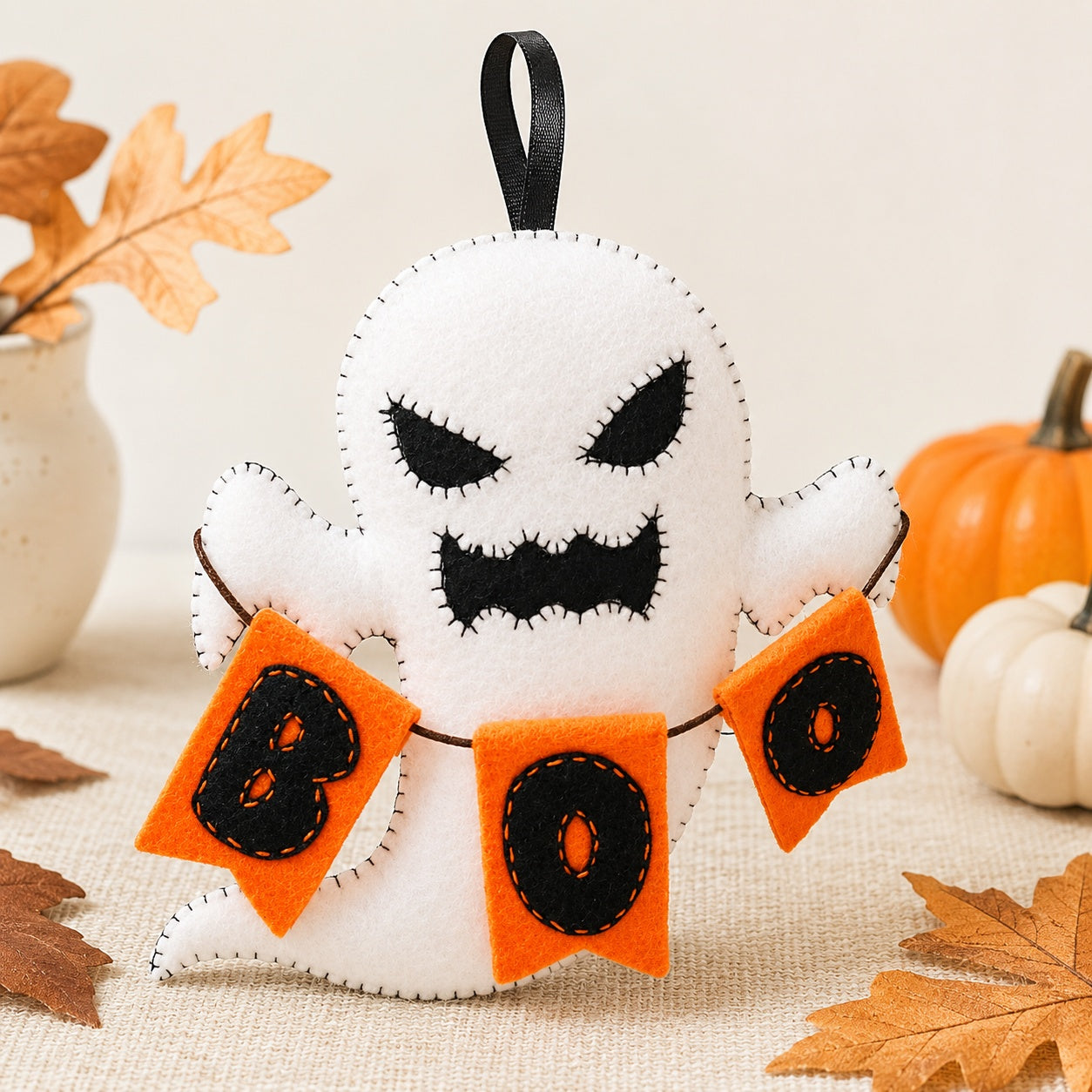 Ghost Boo Halloween Felt Ornament, Hand-Embroidery Pumpkin Ghost Felt Ornament, Custom Ornament, Halloween Gift HFOR22
