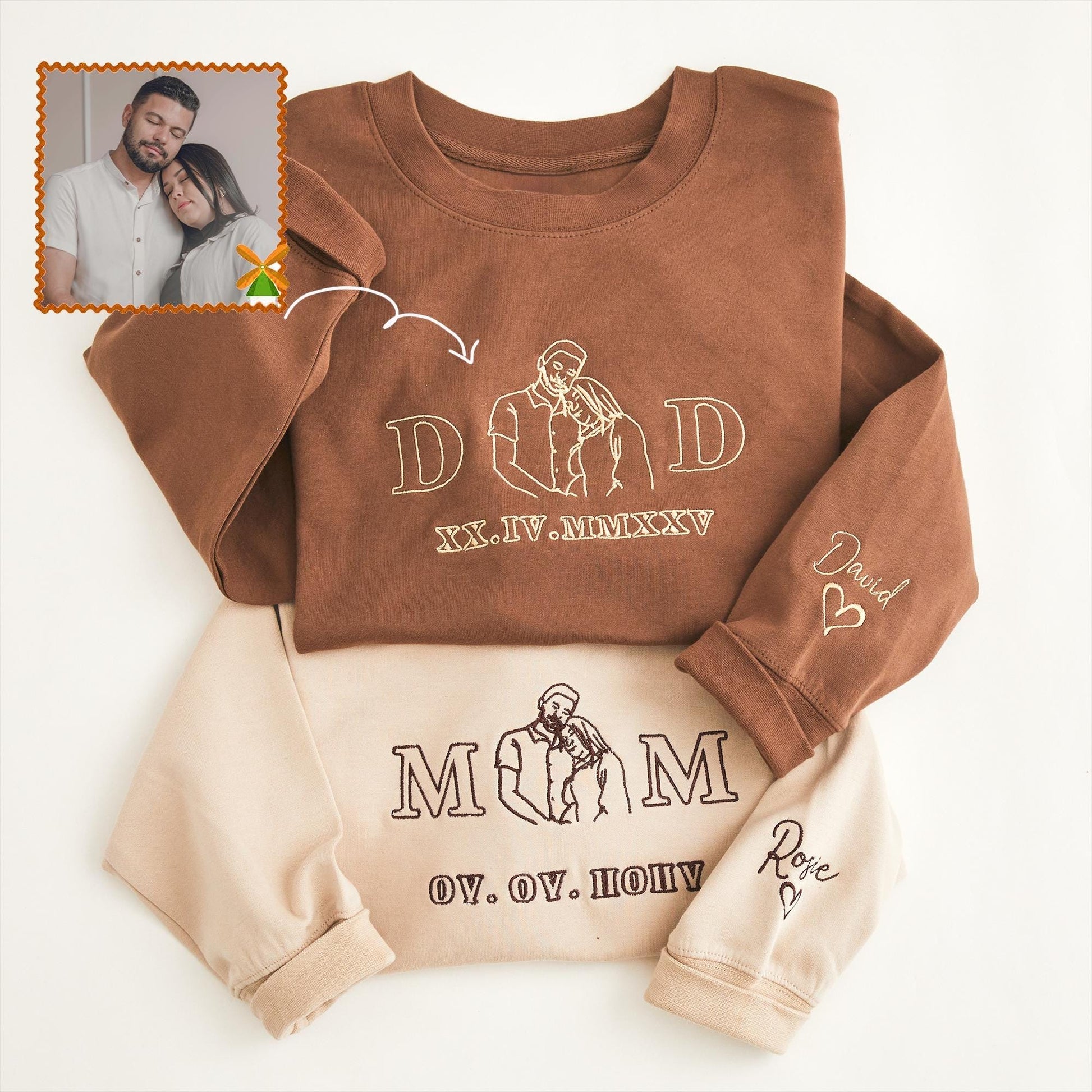 Custom Mom Dad Photo Embroidery Sweatshirt, Couple Embroidered T Shirt, Mother's Day and Father's Gift, Family Portrait Hoodie, Unisex Hoodie, Gift for Mum and Dad