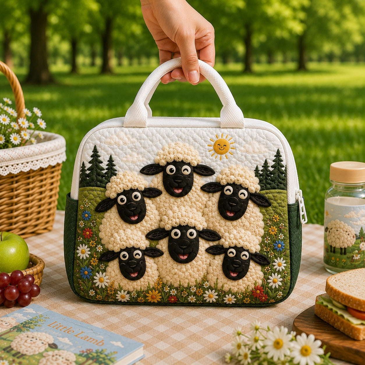 Sheep Pattern Quilted Lunch Bag, Insulated Quilted Lunch Tote, Sheep Lunch Bag, Custom Lunch Bag, Back To School Bag, Picnic Bag, Reusable Lunch Tote QLB27