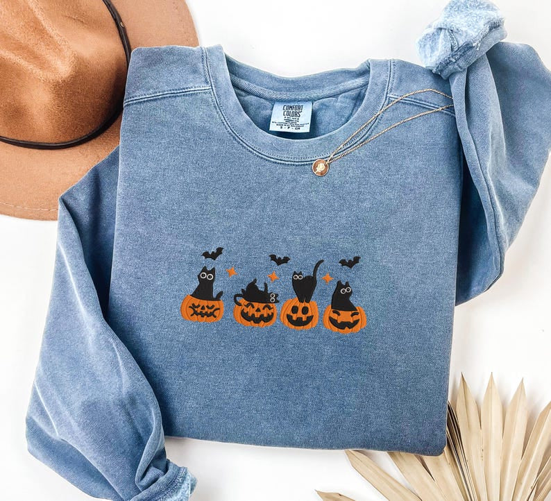 Halloween Cat Pumpkin Embroidery Shirt, Cute Black Cat & Pumpkin Tee, Fall Apparel, Cozy Fall Clothing, Cat Lovers Halloween HLEM26