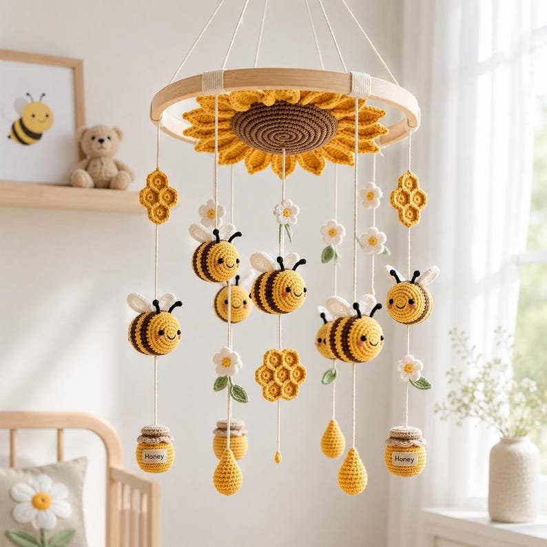 Honey Bee Sunflower Baby Crib Mobile, Handmade Crochet Bee Mobile, Daisy Honeycomb Nursery Decor, Bumble Bee Baby Shower Gift CrochetBBM23