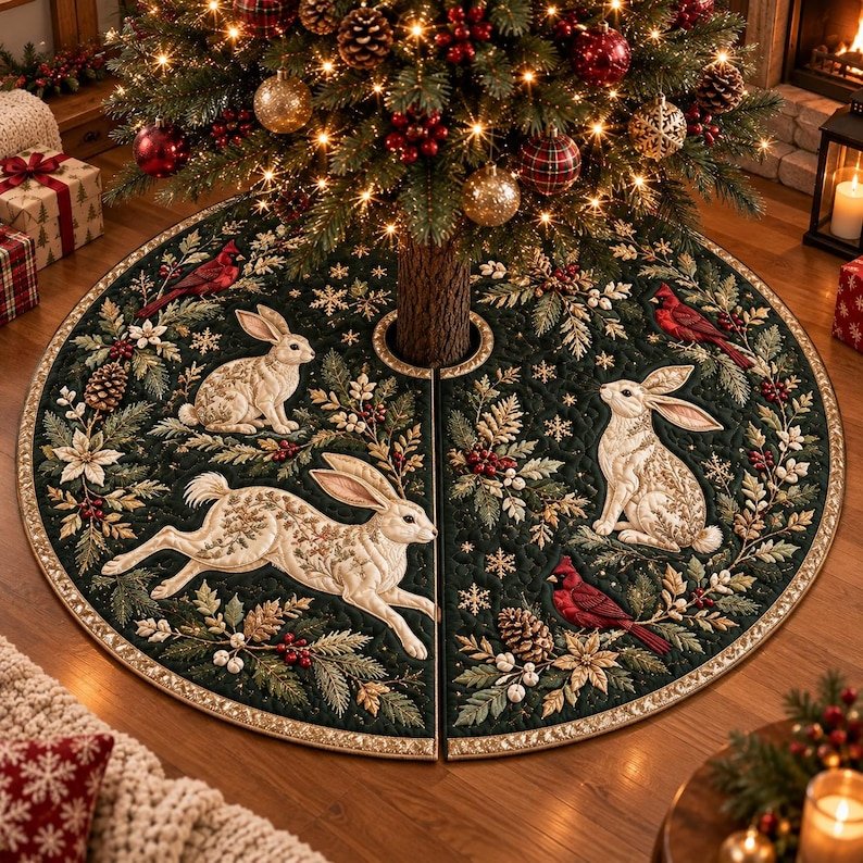 Vintage Winter Rabbit Quilted Tree Skirt, Patchwork Xmas Tree Skirt, Holiday Decor, Xmas Tree Base Cover, Custom Tree Skirt XMASTS49
