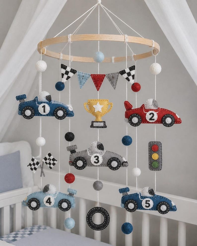 Racing Car Felt Baby Mobile, Handmade Felt Crib Mobile with Race Cars Trophy Flags, Boy Nursery Decor, Baby Shower Gift BBMB43