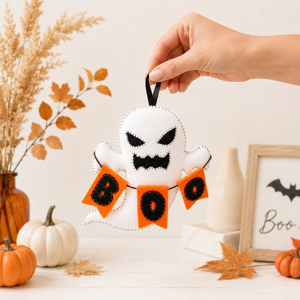 Ghost Boo Halloween Felt Ornament, Hand-Embroidery Pumpkin Ghost Felt Ornament, Custom Ornament, Halloween Gift HFOR22