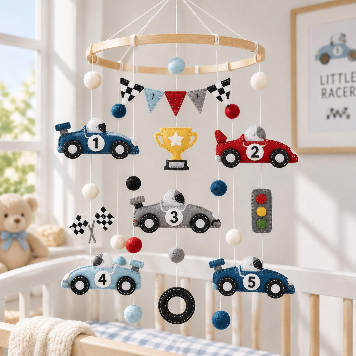 Racing Car Felt Baby Mobile, Handmade Felt Crib Mobile with Race Cars Trophy Flags, Boy Nursery Decor, Baby Shower Gift BBMB43