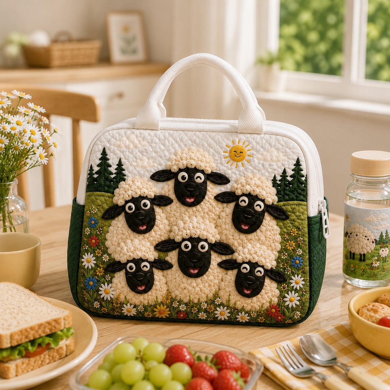 Sheep Pattern Quilted Lunch Bag, Insulated Quilted Lunch Tote, Sheep Lunch Bag, Custom Lunch Bag, Back To School Bag, Picnic Bag, Reusable Lunch Tote QLB27