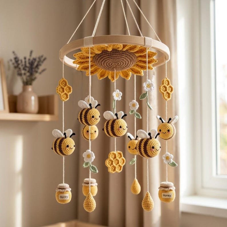Honey Bee Sunflower Baby Crib Mobile, Handmade Crochet Bee Mobile, Daisy Honeycomb Nursery Decor, Bumble Bee Baby Shower Gift CrochetBBM23