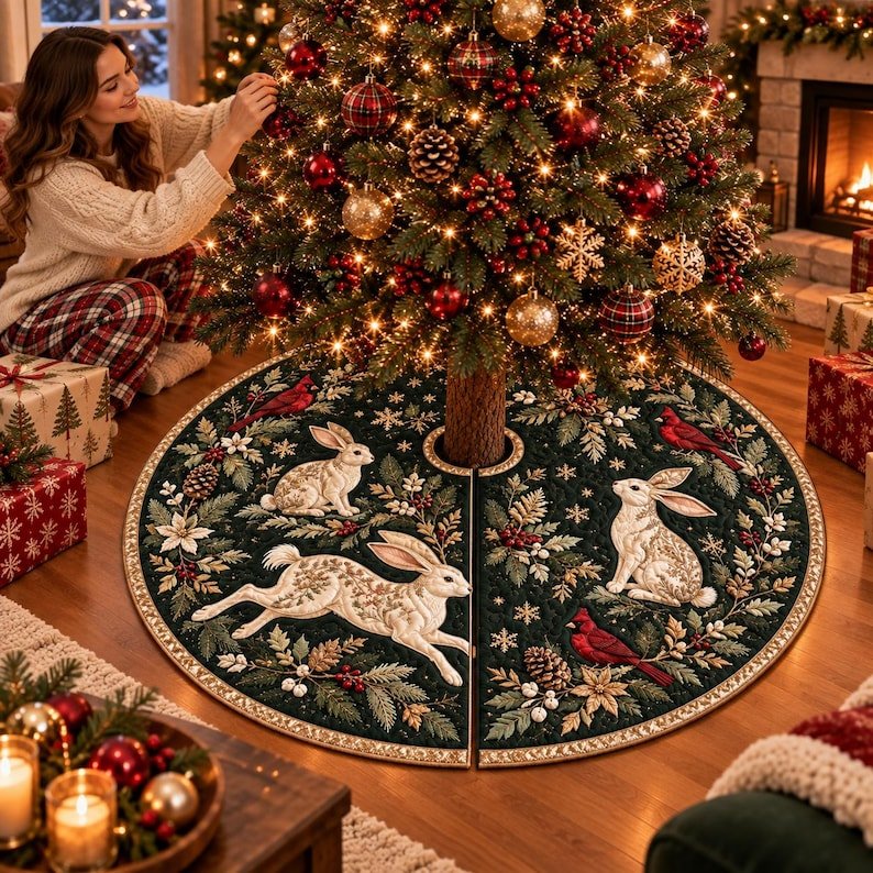 Vintage Winter Rabbit Quilted Tree Skirt, Patchwork Xmas Tree Skirt, Holiday Decor, Xmas Tree Base Cover, Custom Tree Skirt XMASTS49