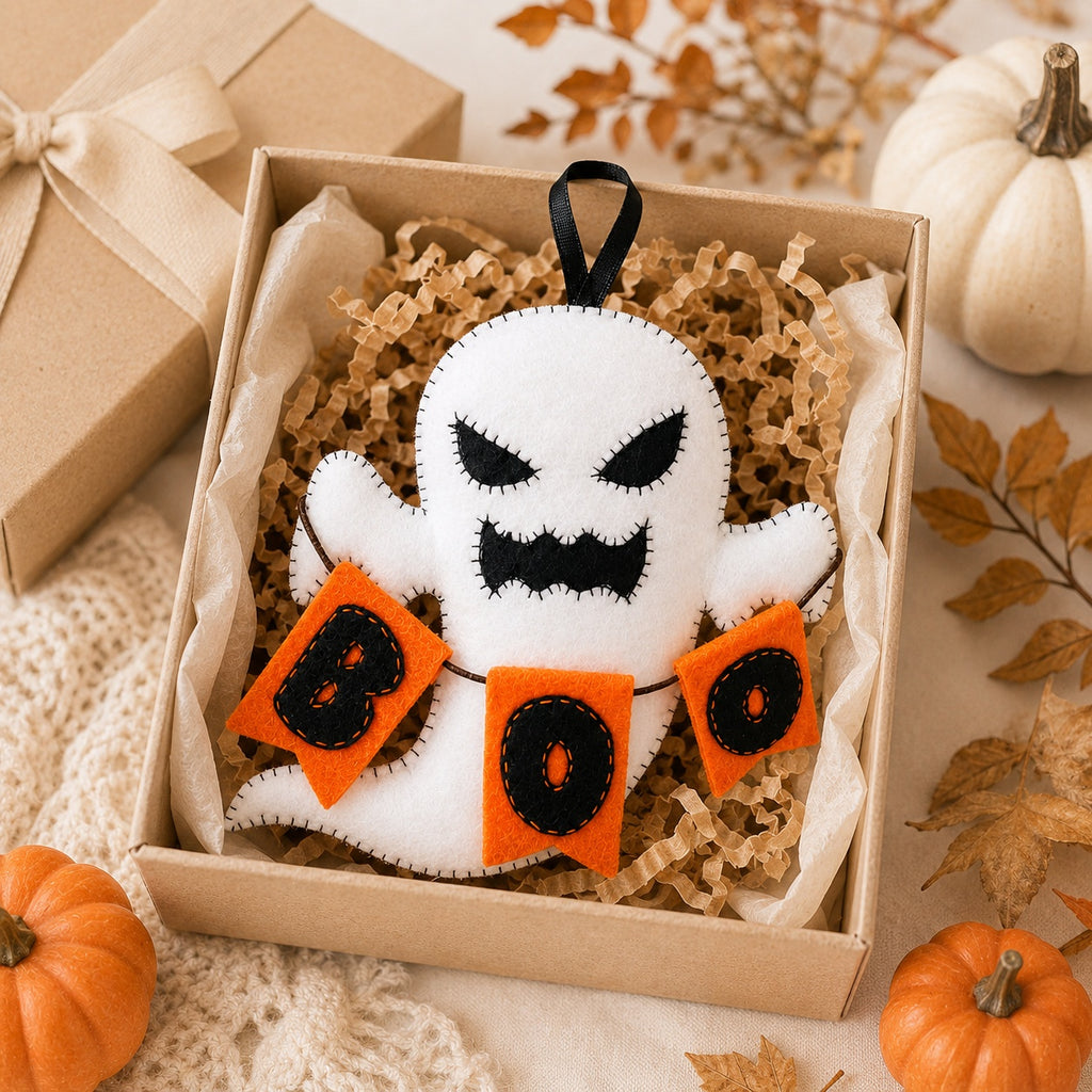 Ghost Boo Halloween Felt Ornament, Hand-Embroidery Pumpkin Ghost Felt Ornament, Custom Ornament, Halloween Gift HFOR22