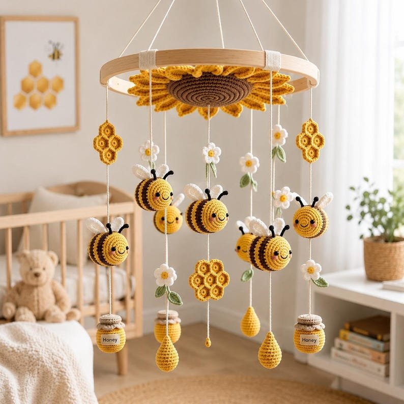Honey Bee Sunflower Baby Crib Mobile, Handmade Crochet Bee Mobile, Daisy Honeycomb Nursery Decor, Bumble Bee Baby Shower Gift CrochetBBM23
