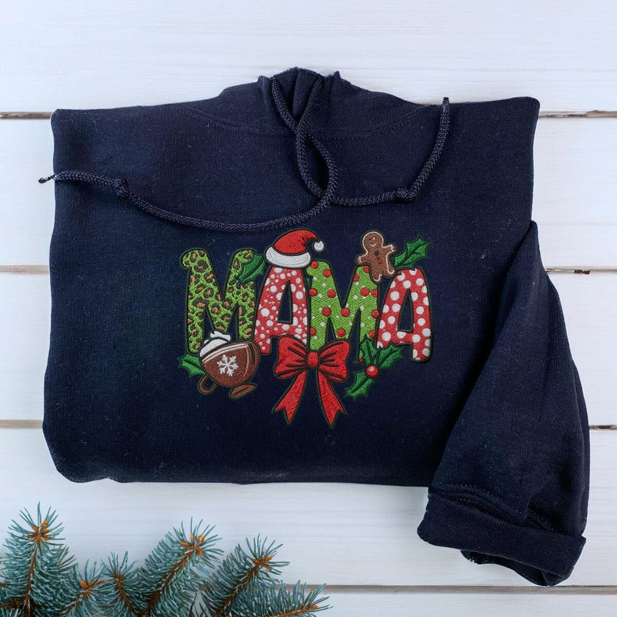 EMBROIDERED Christmas Mama Sweatshirt, Custom Embroidered Mom Sweater, Personalized Varsity Shirt, Embroidered Mama Sweatshirt