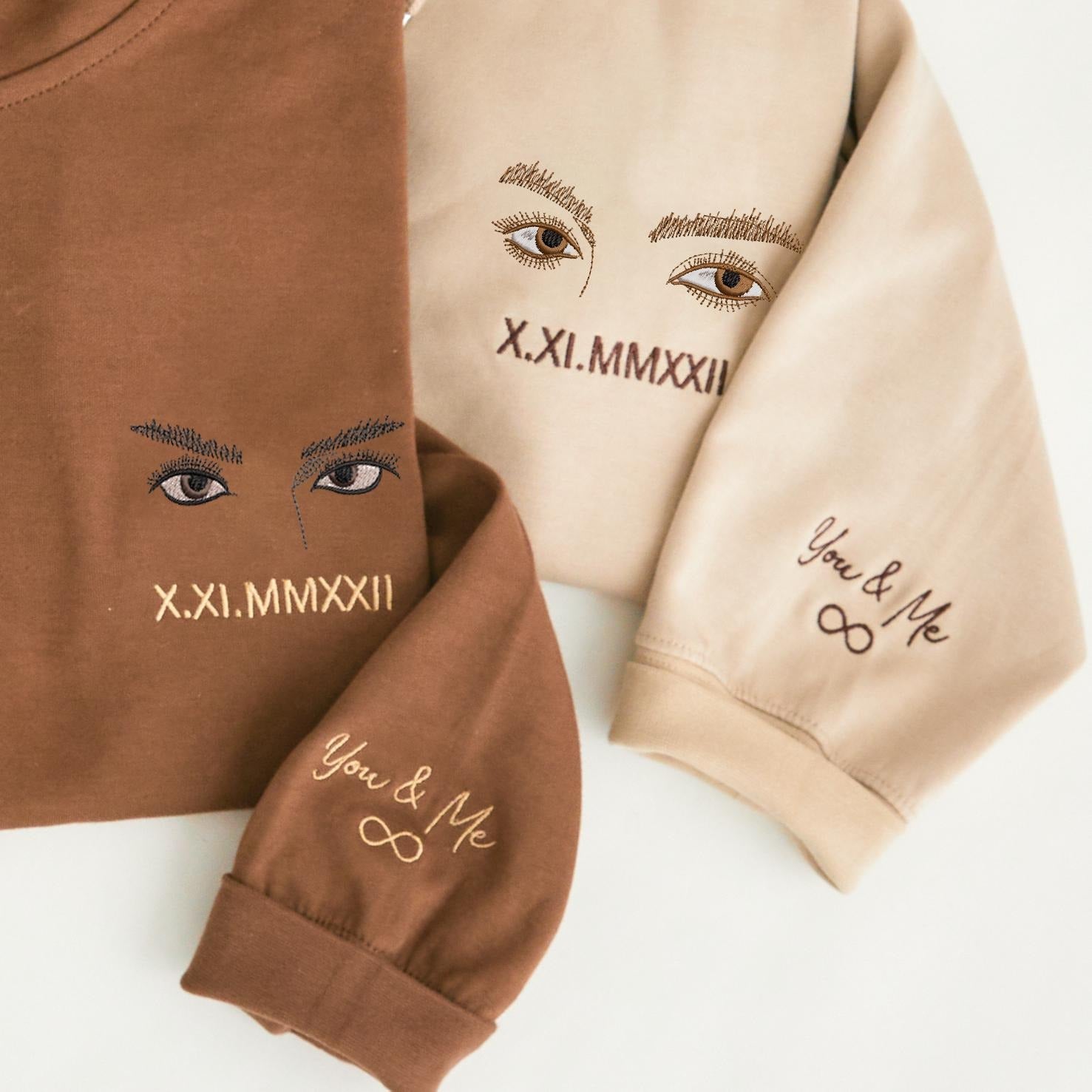 Embroidered Couple Sweatshirt, Custom Roman Numerals Sweater, Minimalist Eye Design, Personalized Anniversary Gift for Him and Her