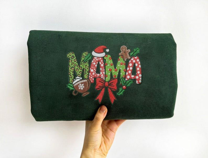 EMBROIDERED Christmas Mama Sweatshirt, Custom Embroidered Mom Sweater, Personalized Varsity Shirt, Embroidered Mama Sweatshirt