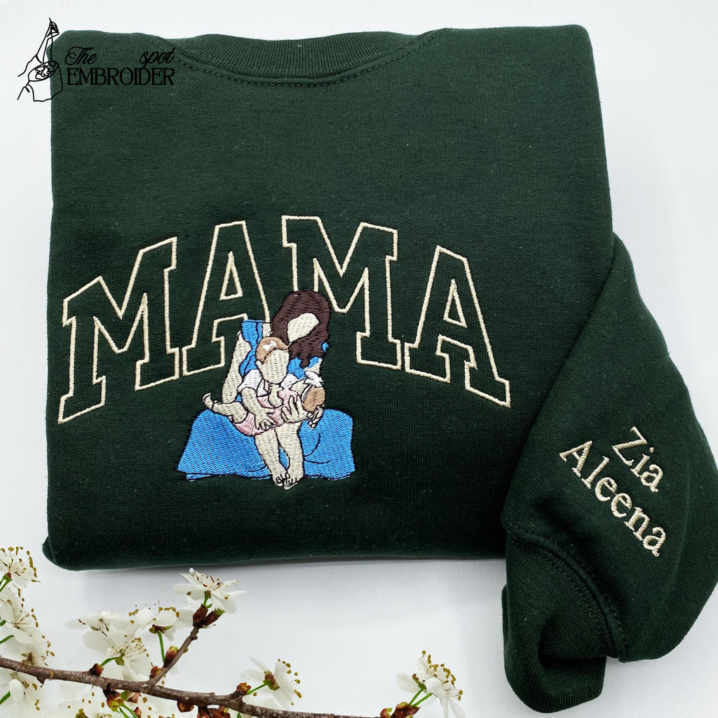 Mother's Day Gifts For Mom, Custom Mama Sweatshirt With Photo, Personalized Embroidered Family Portrait Hoodie, Birthday Gift For Mom