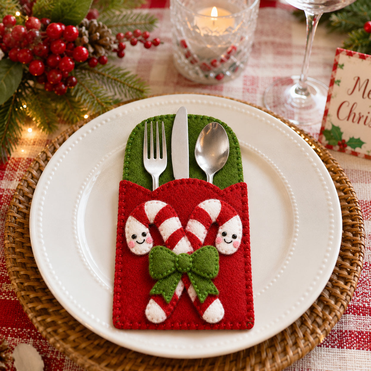 Candy Cane Felt Silverware Holder, Christmas Cutlery Pocket, Holiday Table Decor, Festive Place Setting FELTCH26