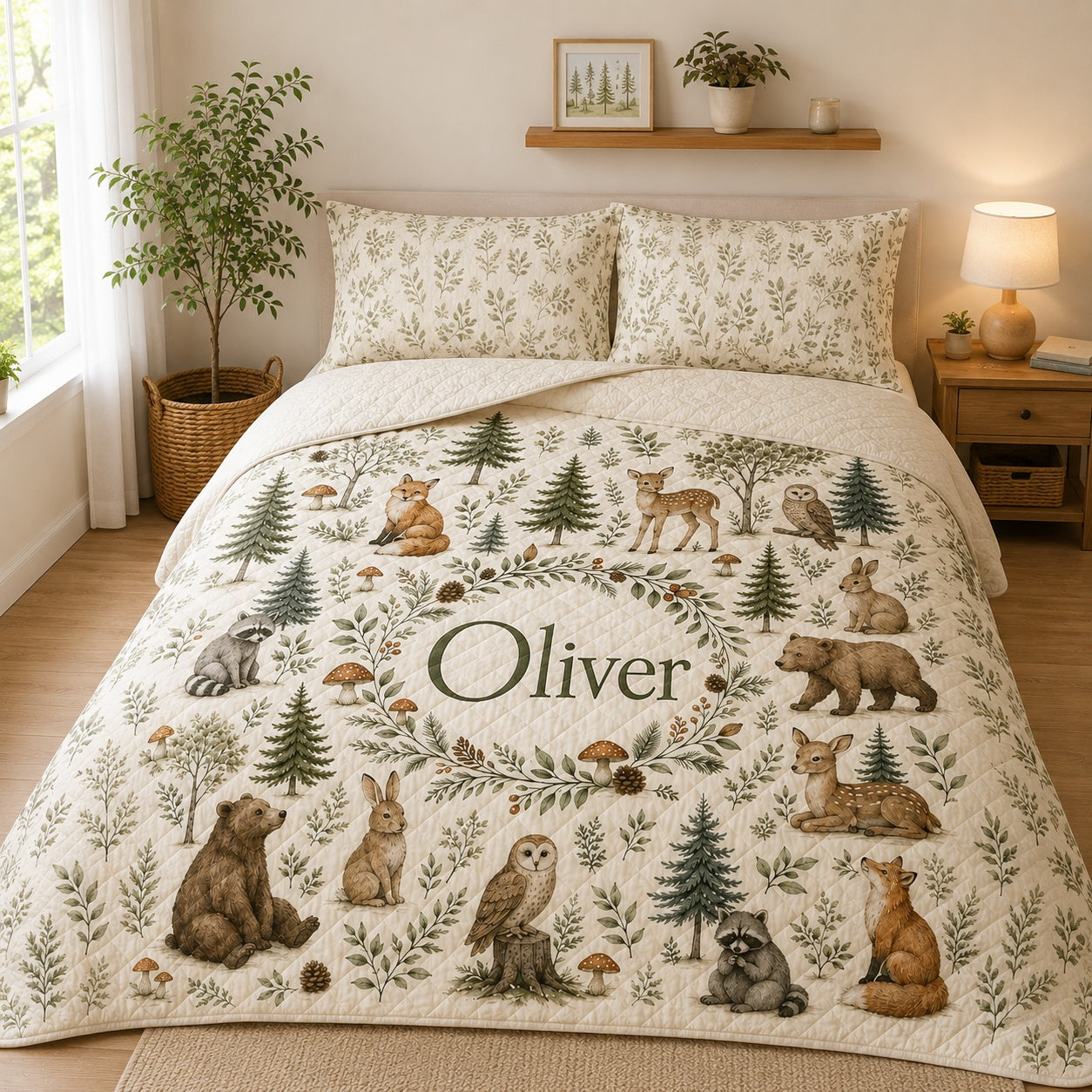 Woodland Animals Quilted Bedding Set, Animals  Blanket, Custom Forest Wildlife Quilt with Fox Bear Deer Owl, Nature Bedding QBEDSET25