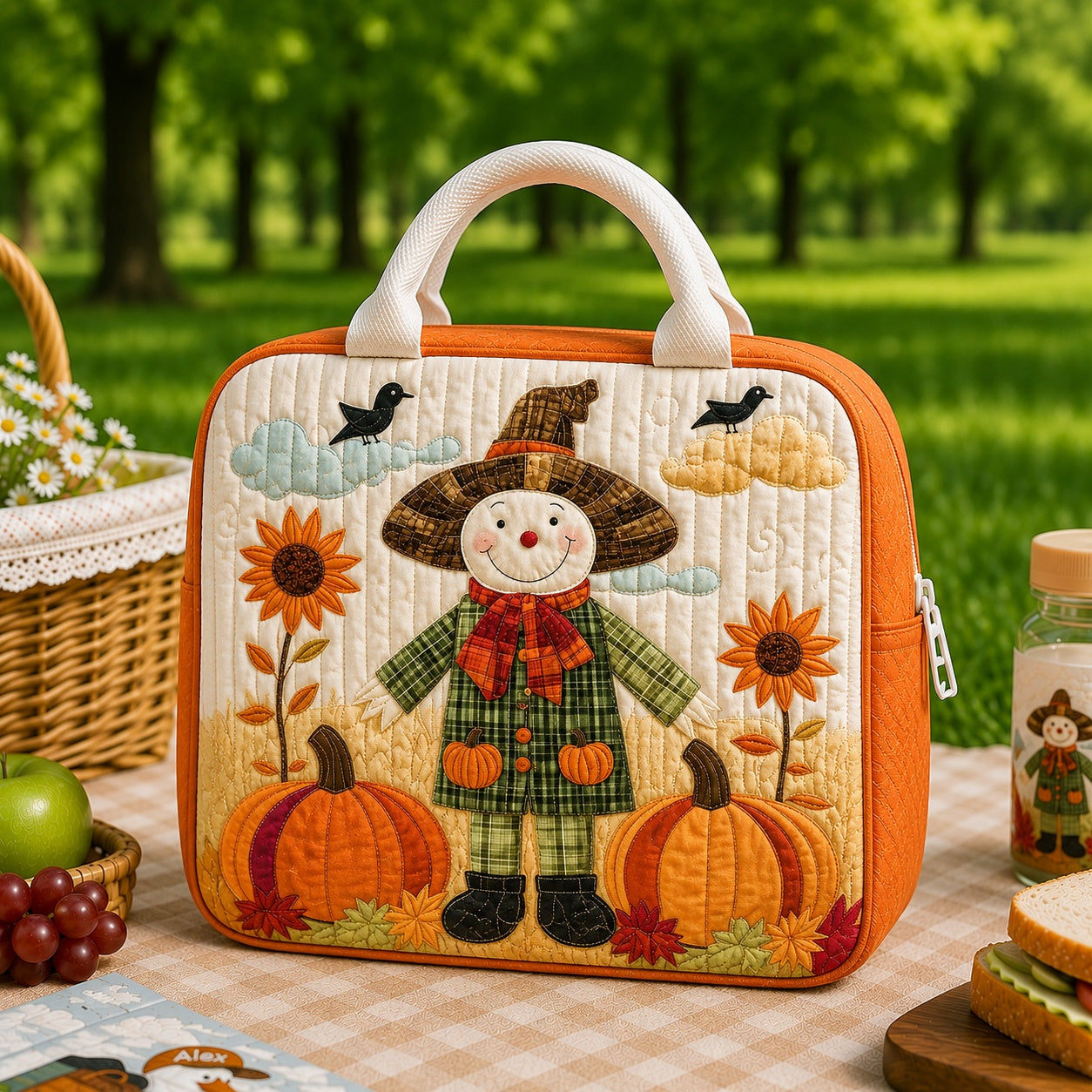 Scarecrow Quilted Lunch Bag for Kids, Fall Pumpkin Lunch Tote, Cute Autumn School Lunch Box, Harvest Farm Back to School Gift QLB28