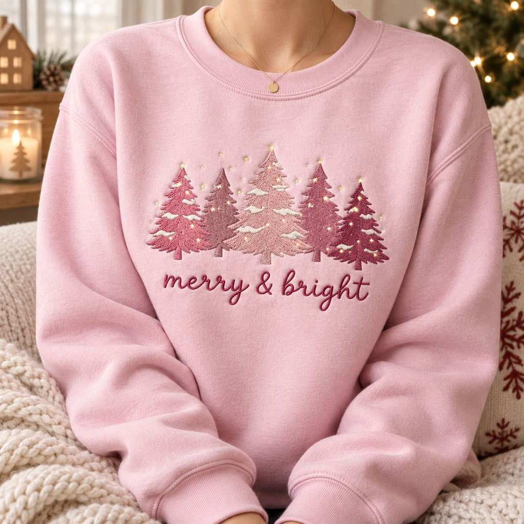 Embroidered Merry And Bright Christmas Sweatshirt, Pink Xmas Shirt, Christmas Season Shirt XMASS16