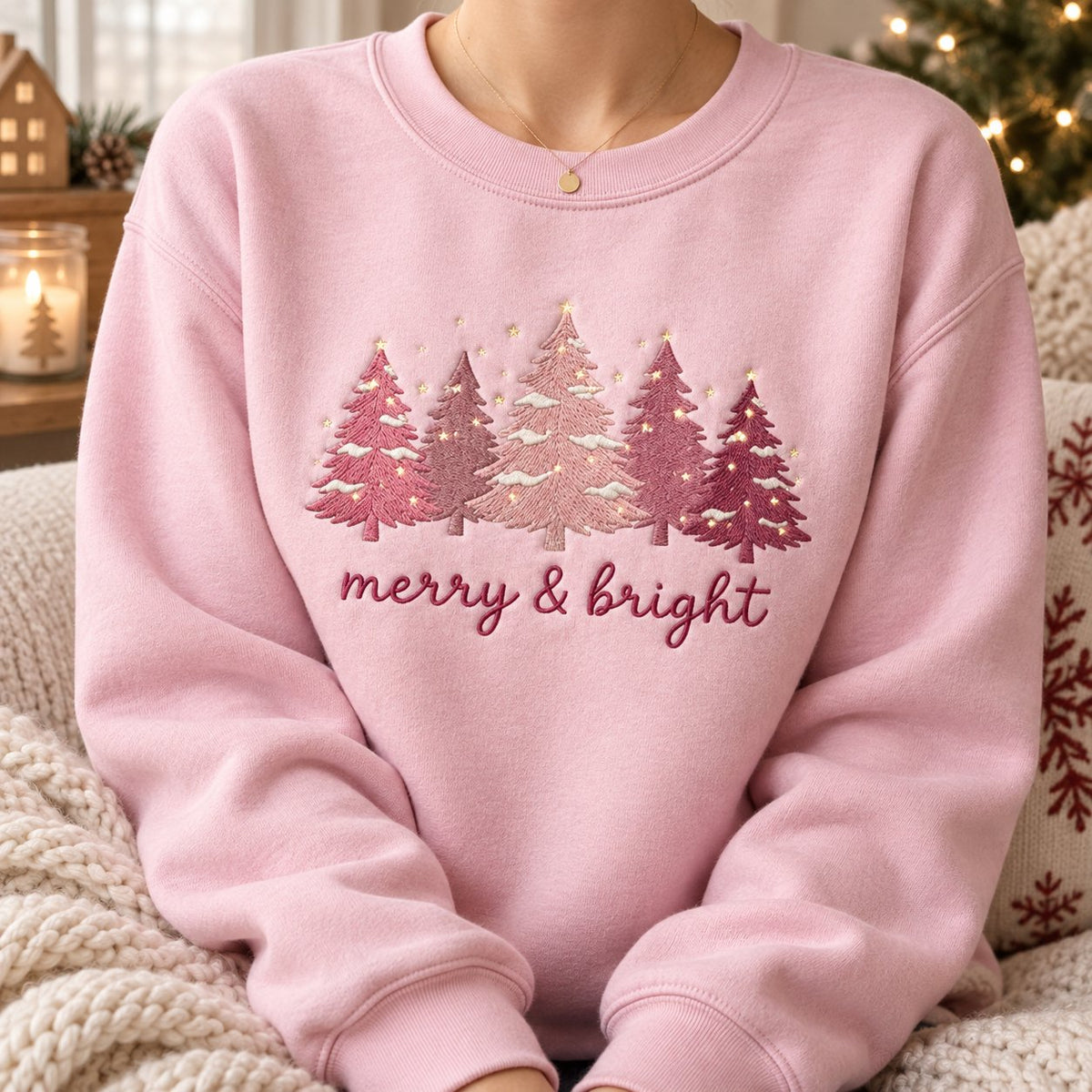 Embroidered Merry And Bright Christmas Sweatshirt, Pink Xmas Shirt, Christmas Season Shirt XMASS16