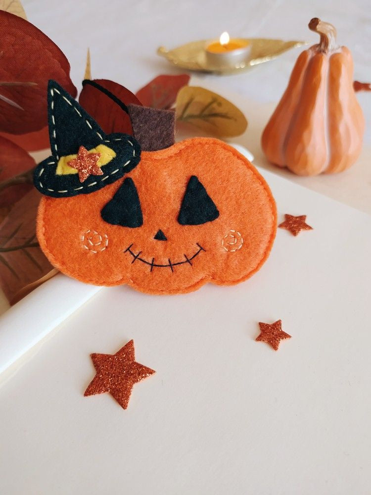 Set 3Pcs Pumpkin Halloween Felt Ornament, Hand-Embroidery Pumpkin Witch Felt Ornament, Custom Ornament, Halloween Gift HFOR23