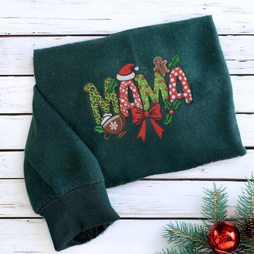 EMBROIDERED Christmas Mama Sweatshirt, Custom Embroidered Mom Sweater, Personalized Varsity Shirt, Embroidered Mama Sweatshirt