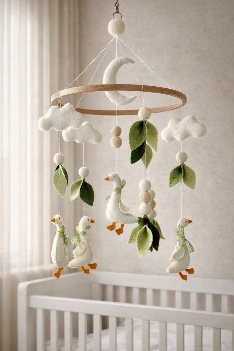 Goose Felt Baby Mobile, Handmade Felt Crib Mobile with Farm Animals Leaves and Moon, Neutral Nursery Decor, Baby Room Gift BBMB44