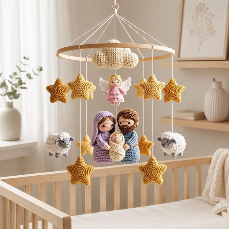 Holy Family Nativity Baby Crib Mobile, Handmade Crochet Nativity Mobile, Jesus Mary Joseph Lamb Nursery Decor, Christian Baby Gift CrochetBBM24