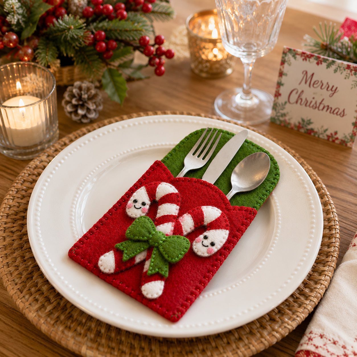 Candy Cane Felt Silverware Holder, Christmas Cutlery Pocket, Holiday Table Decor, Festive Place Setting FELTCH26