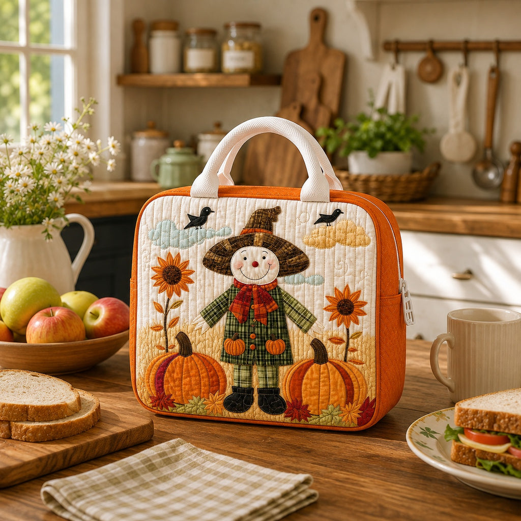 Scarecrow Quilted Lunch Bag for Kids, Fall Pumpkin Lunch Tote, Cute Autumn School Lunch Box, Harvest Farm Back to School Gift QLB28