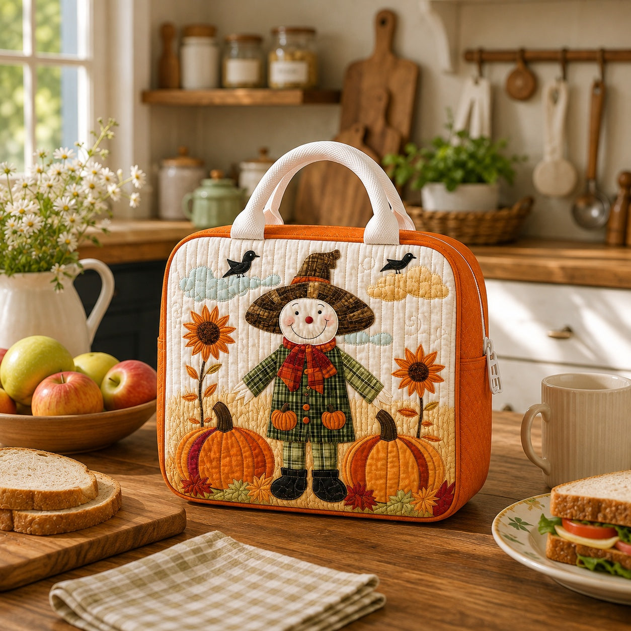 Scarecrow Quilted Lunch Bag for Kids, Fall Pumpkin Lunch Tote, Cute Autumn School Lunch Box, Harvest Farm Back to School Gift QLB28