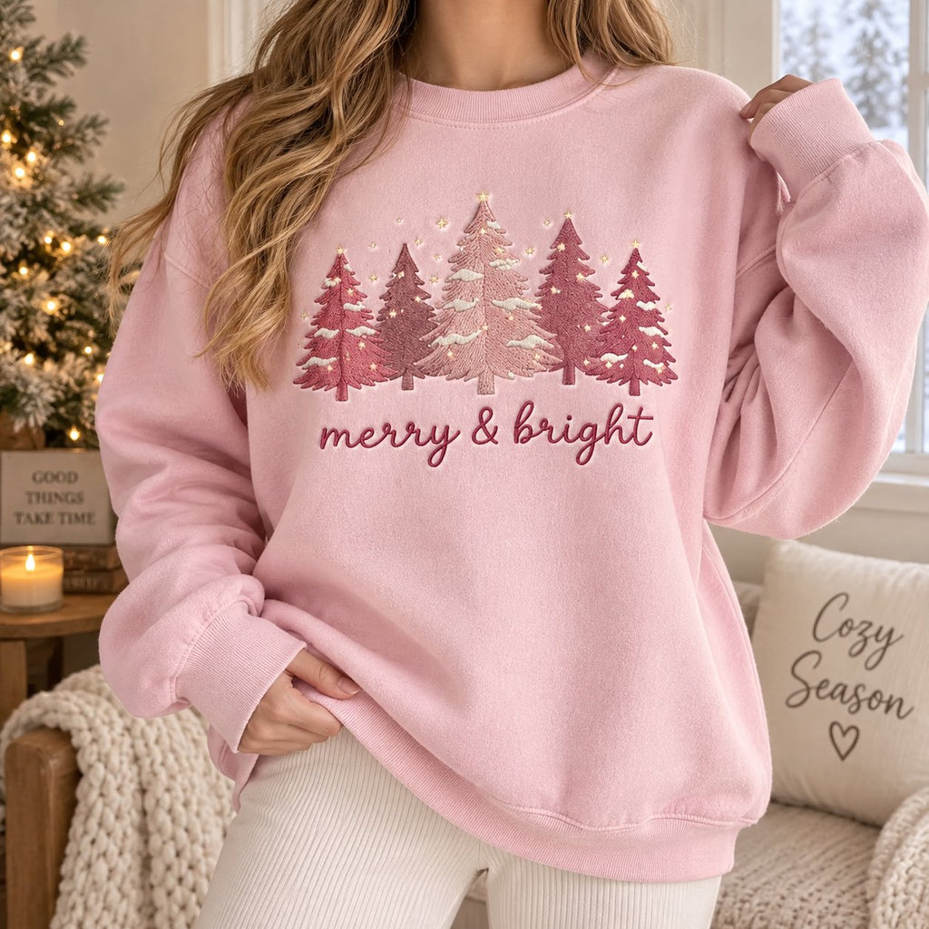 Embroidered Merry And Bright Christmas Sweatshirt, Pink Xmas Shirt, Christmas Season Shirt XMASS16