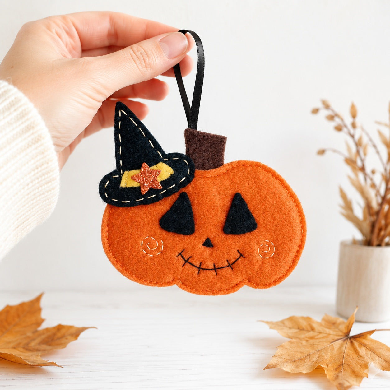 Set 3Pcs Pumpkin Halloween Felt Ornament, Hand-Embroidery Pumpkin Witch Felt Ornament, Custom Ornament, Halloween Gift HFOR23