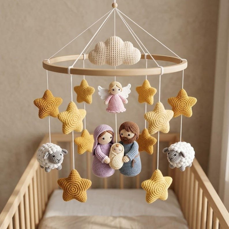 Holy Family Nativity Baby Crib Mobile, Handmade Crochet Nativity Mobile, Jesus Mary Joseph Lamb Nursery Decor, Christian Baby Gift CrochetBBM24