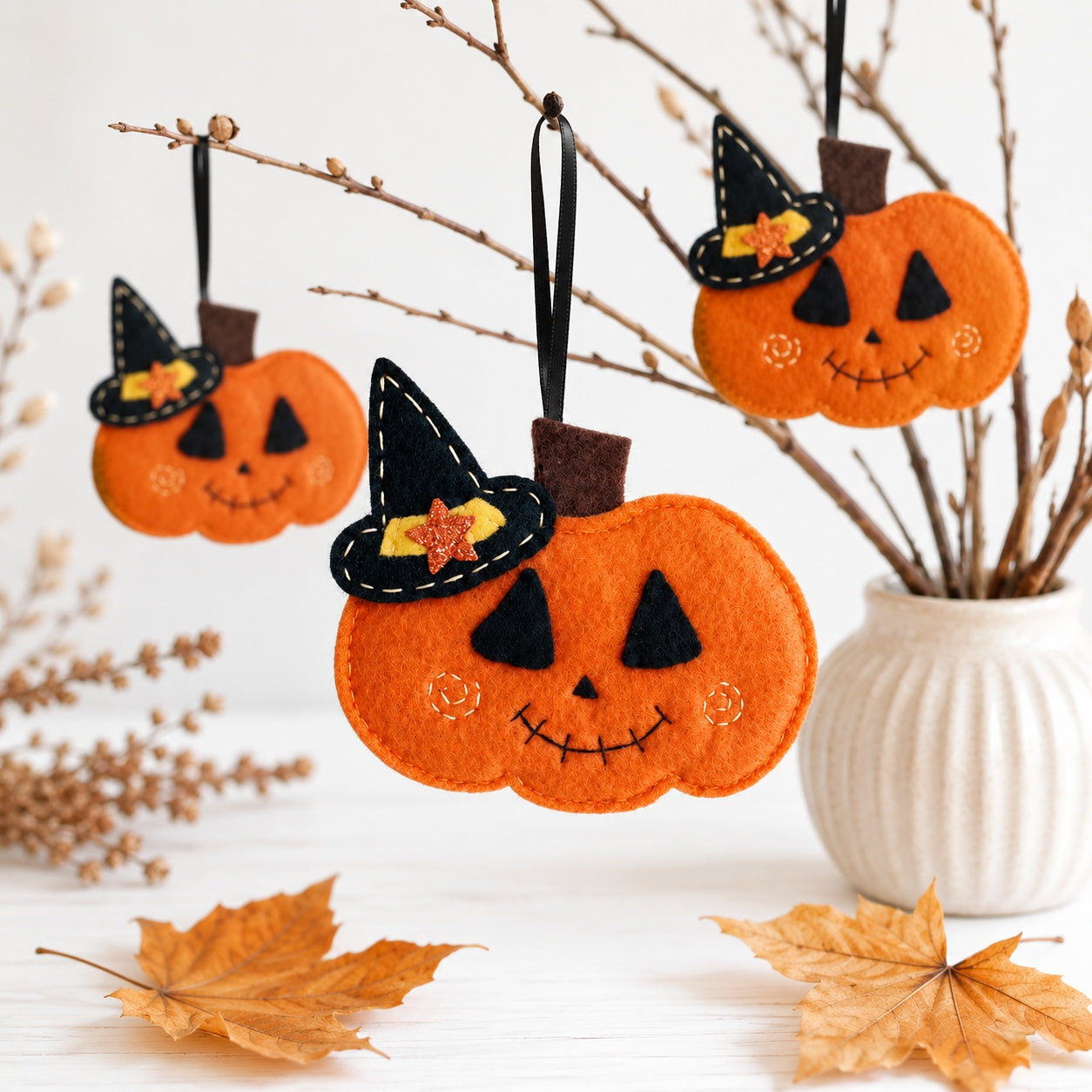 Set 3Pcs Pumpkin Halloween Felt Ornament, Hand-Embroidery Pumpkin Witch Felt Ornament, Custom Ornament, Halloween Gift HFOR23