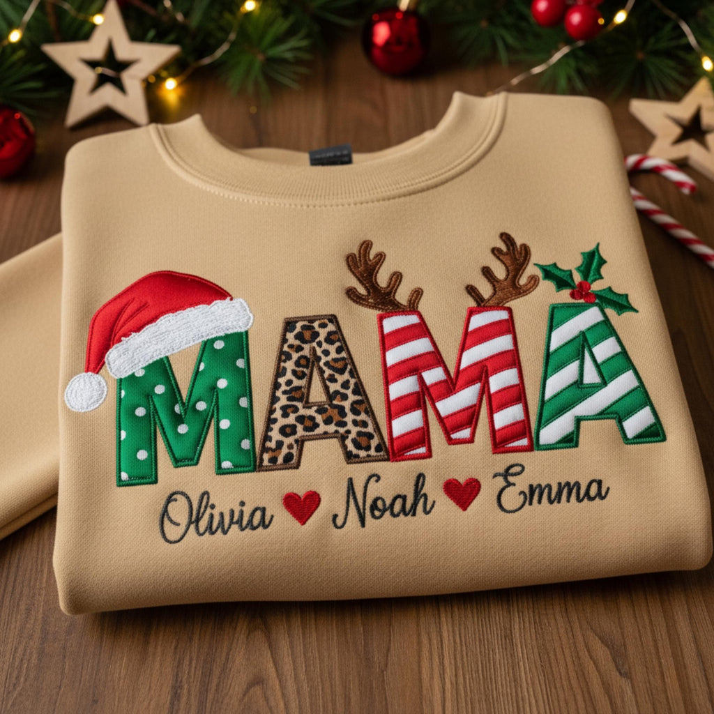 Personalized Mama Christmas Sweatshirt, Embroidered Holiday Sweater, Mama with Kids’ Names, Custom Family Christmas Gift, Matching Xmas
