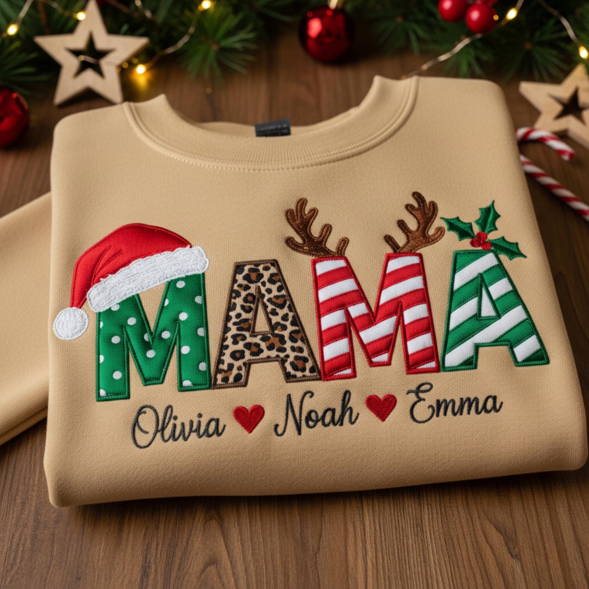 Personalized Mama Christmas Sweatshirt, Embroidered Holiday Sweater, Mama with Kids’ Names, Custom Family Christmas Gift, Matching Xmas