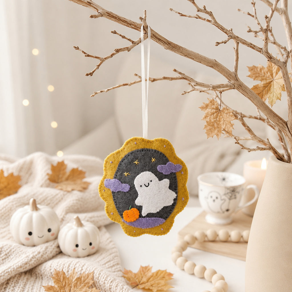 Set 2Pcs Baby Boo Halloween Felt Ornament, Hand-Embroidery Ghost Witch Felt Ornament, Custom Ornament, Halloween Gift HFOR24