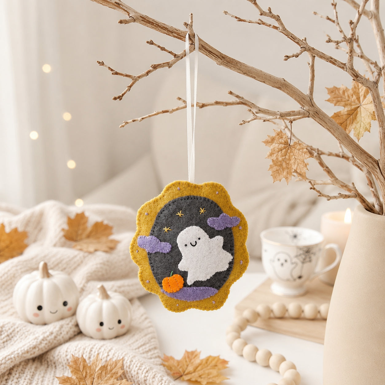 Set 2Pcs Baby Boo Halloween Felt Ornament, Hand-Embroidery Ghost Witch Felt Ornament, Custom Ornament, Halloween Gift HFOR24
