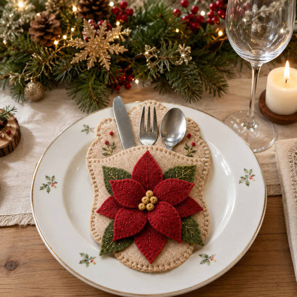 Poinsettia Felt Silverware Holder, Christmas Cutlery Pocket, Holiday Table Decor, Festive Dining Decor FELTCH27