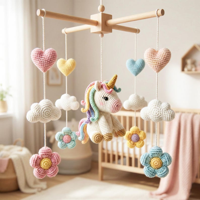 Unicorn Flower Baby Crib Mobile, Handmade Crochet Unicorn Mobile, Rainbow Heart Nursery Decor, Pastel Baby Girl Mobile, Baby Shower Gift CrochetBBM25