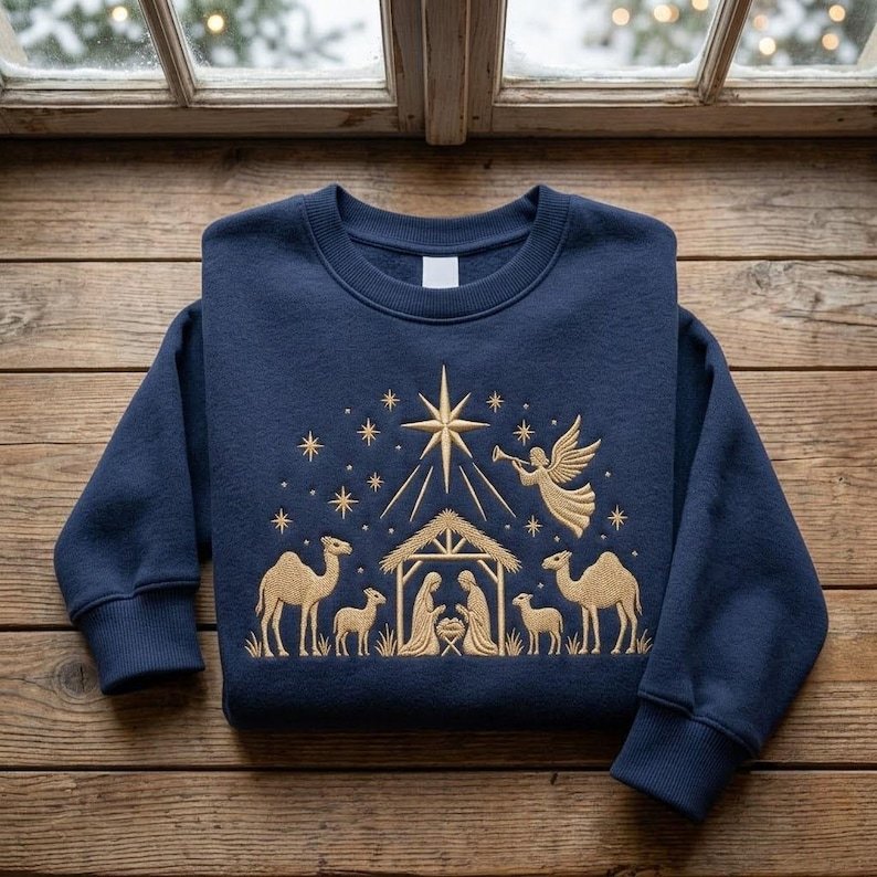 Embroidered Nativity Sweatshirt, Christian Christmas Shirt, Jesus Birth Shirt, Holy Night Apparel Religious Gift XMASS18