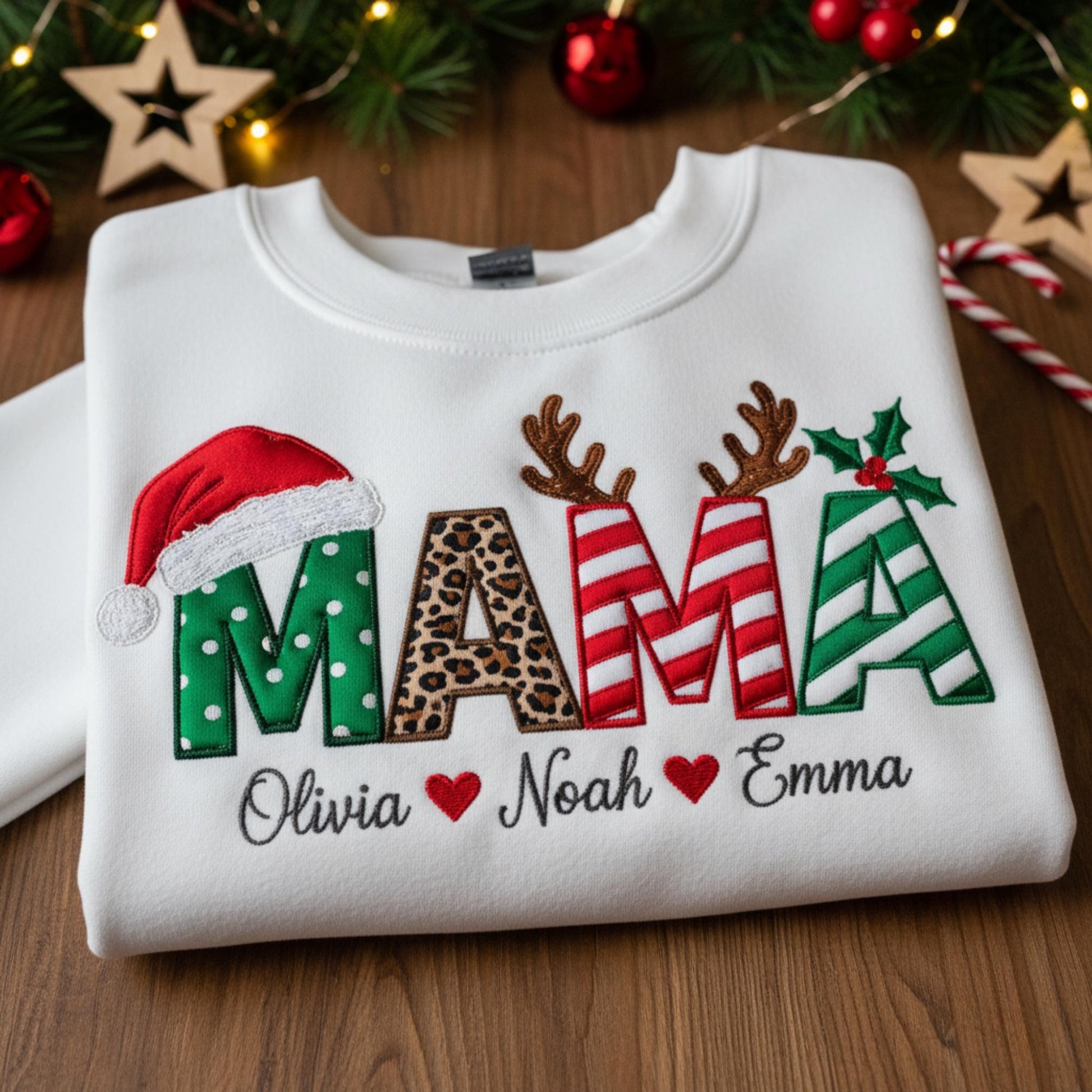 Personalized Mama Christmas Sweatshirt, Embroidered Holiday Sweater, Mama with Kids’ Names, Custom Family Christmas Gift, Matching Xmas