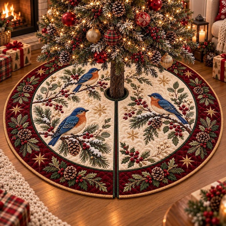 Winter Bluebird Quilted Tree Skirt, Patchwork Xmas Tree Skirt, Holiday Decor, Xmas Tree Base Cover, Custom Tree Skirt XMASTS50