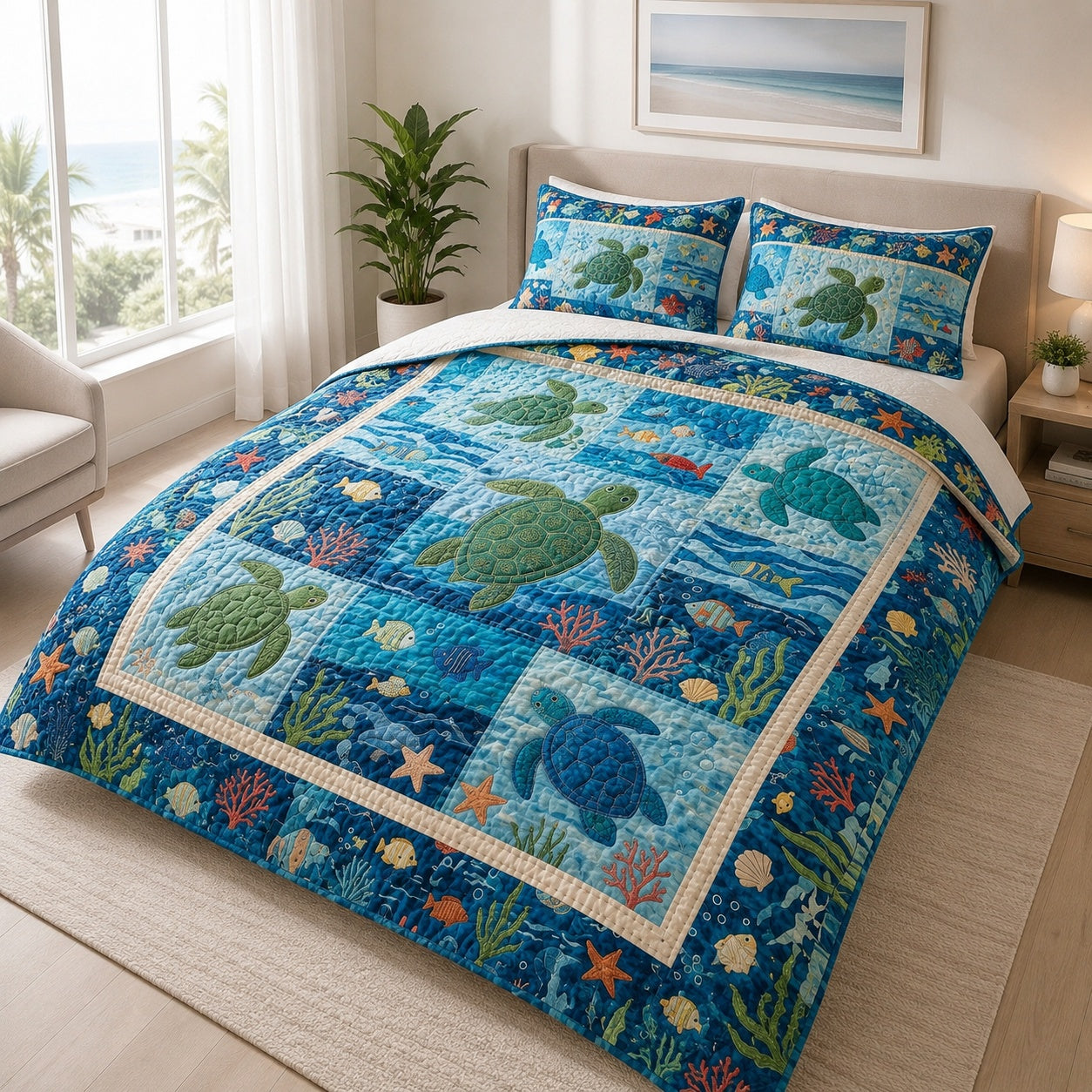 Sea Turtle Quilted Bedding Set, Ocean Marine Life Patchwork Quilt with Pillow Covers, Coastal Beach Bedroom Decor QBEDSET26