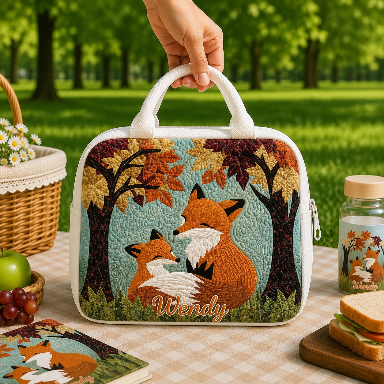 Fox Quilted Lunch Bag for Kids, Fall Pumpkin Lunch Tote, Cute Autumn School Lunch Box, Back to School Gift QLB29