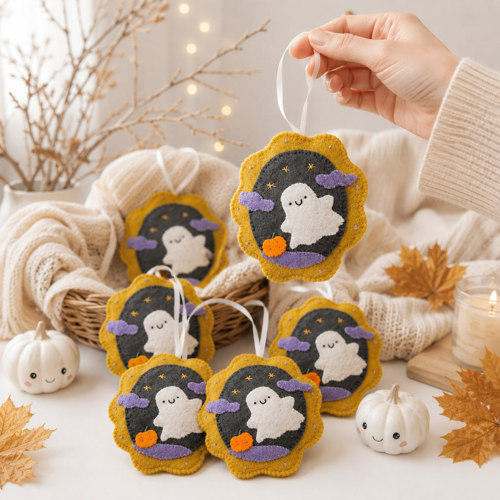 Set 2Pcs Baby Boo Halloween Felt Ornament, Hand-Embroidery Ghost Witch Felt Ornament, Custom Ornament, Halloween Gift HFOR24