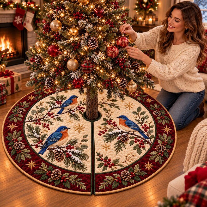 Winter Bluebird Quilted Tree Skirt, Patchwork Xmas Tree Skirt, Holiday Decor, Xmas Tree Base Cover, Custom Tree Skirt XMASTS50