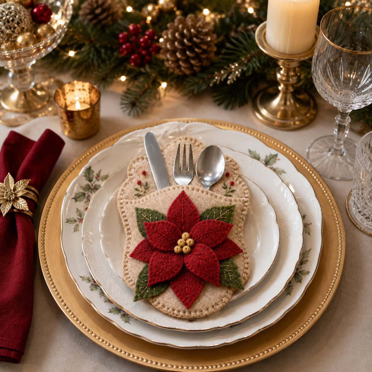 Poinsettia Felt Silverware Holder, Christmas Cutlery Pocket, Holiday Table Decor, Festive Dining Decor FELTCH27
