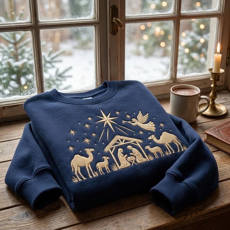 Embroidered Nativity Sweatshirt, Christian Christmas Shirt, Jesus Birth Shirt, Holy Night Apparel Religious Gift XMASS18